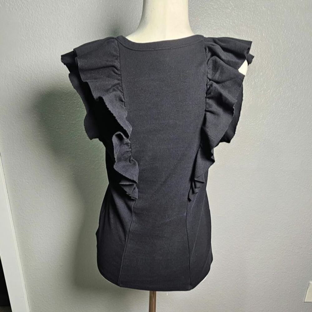 Express Black Ribbed Ruffle Shoulder Tank Cotton Spandex Size L - Picture 3 of 11